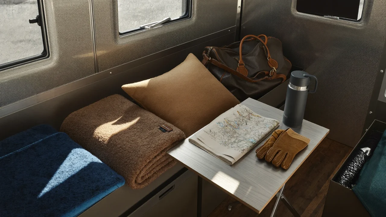 Interno ordinato di un camper con contenitori, coperte, termos e mappa